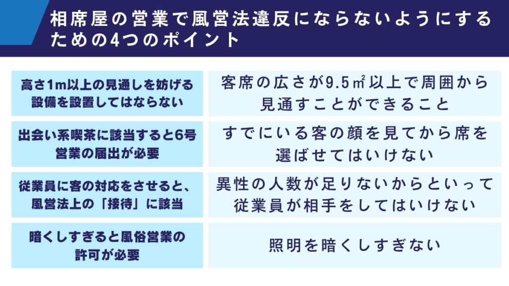 相席屋の営業で風営法違反にならないようにするための4つのポイント