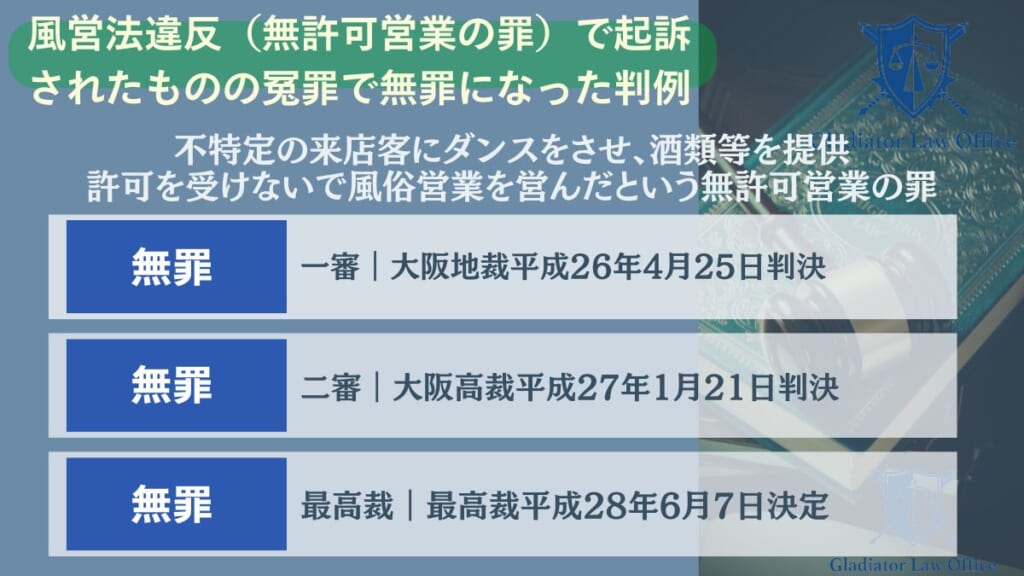 風営法違反（無許可営業の罪）で起訴されたものの冤罪で無罪になった判例