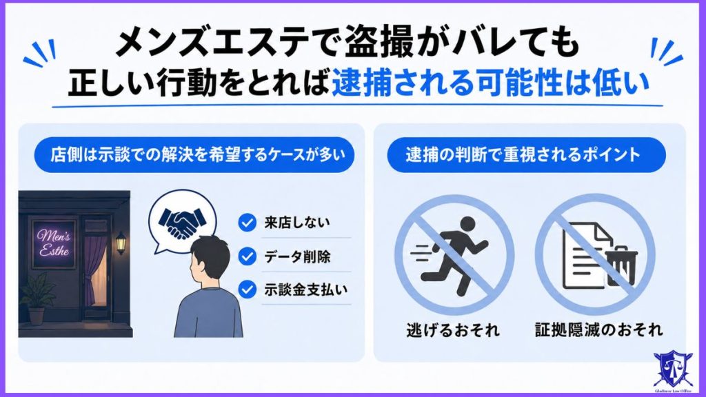 メンズエステで盗撮がバレても正しい行動をとれば逮捕される可能性は低い