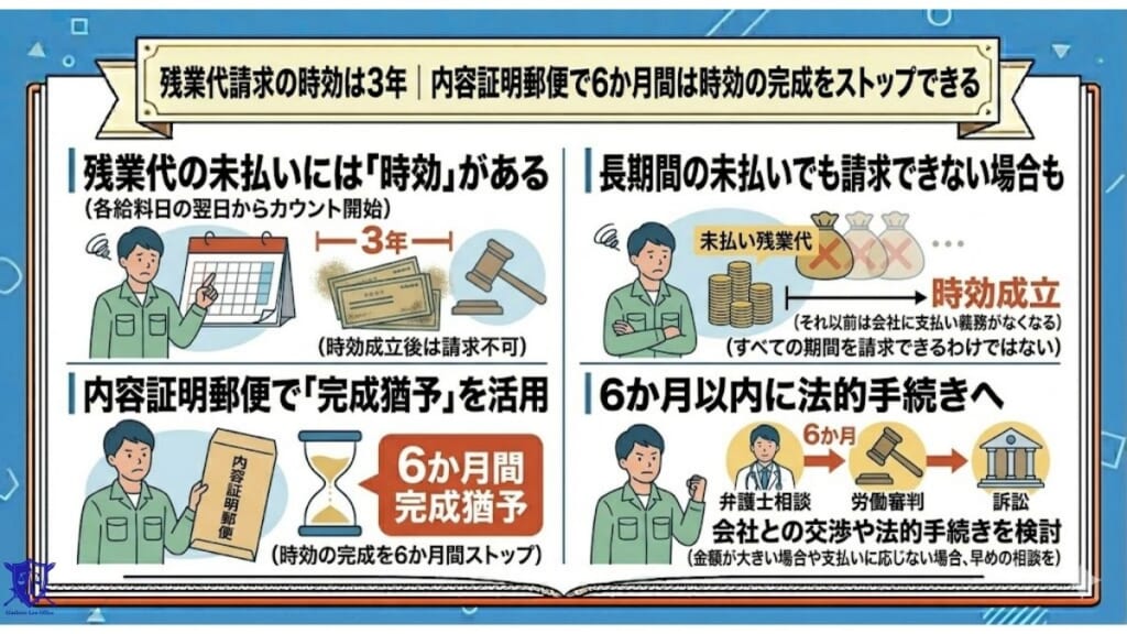 残業代請求の時効は3年|内容証明郵便で6か月間は時効の完成をストップできる