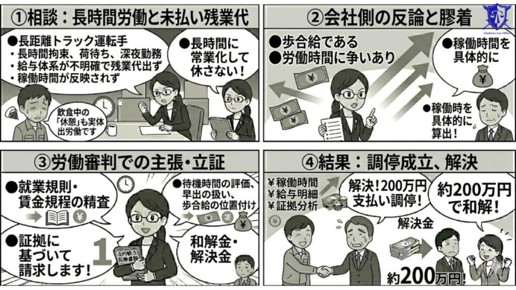【解決事例】長距離トラック運転手が労働審判で200万円の支払いを得た当事務所の事例を紹介
