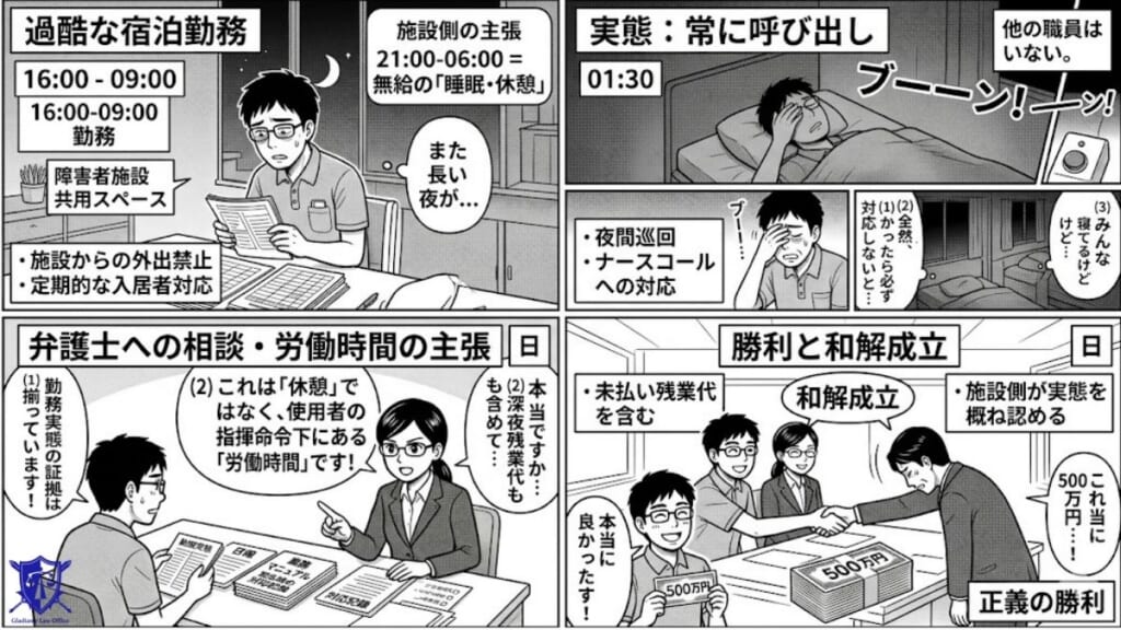 【事例2】障害者施設で泊まり込みで業務をしていたが泊まり分は休憩時間とされ残業代が支払われていなかったケース