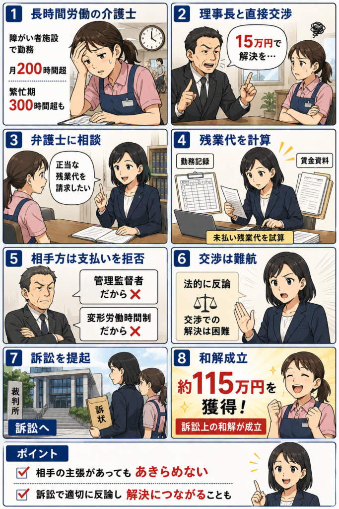 【解決事例】介護職の残業代として約115万円が認められた当事務所の事例を紹介