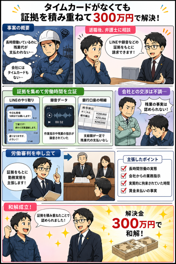 タイムカードがなくても証拠を積み重ねて300万円で解決した事例
