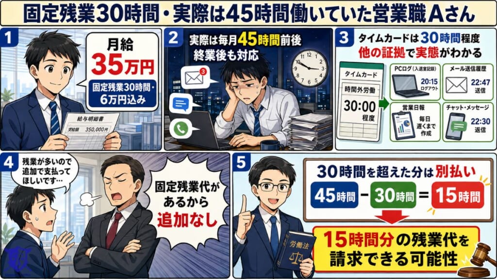 固定残業30時間・実際は45時間働いていた営業職Aさん